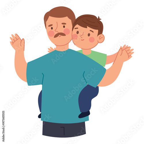 Happy Father Giving His Son a Piggyback Ride in Colorful Illustration