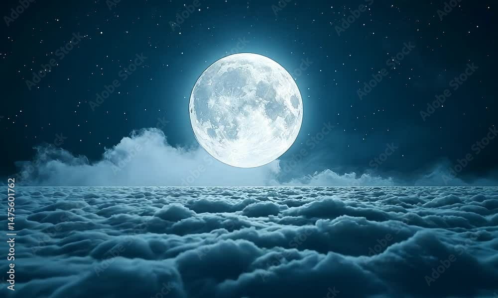 Majestic full moon illuminating a serene cloudscape at night, creating a tranquil atmosphere Majestic full moon illuminating a serene cloudscape at night, creating a tranquil atmosphere