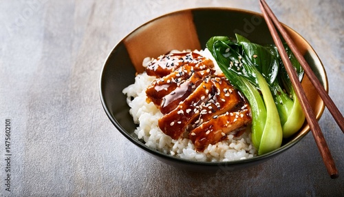 glazed teriyaki chicken rice bowl with bok choy