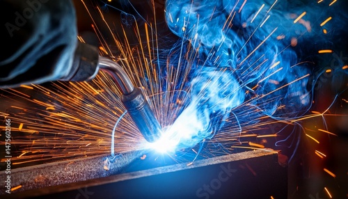 close up of metal welding with sparks and blue flame