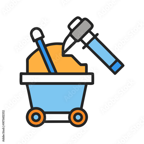 Mining cart filled with ore and mining tools
