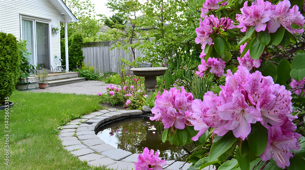 Fototapeta premium Peaceful backyard garden with pond, flowers, and house. Relaxing spring scene for home decor