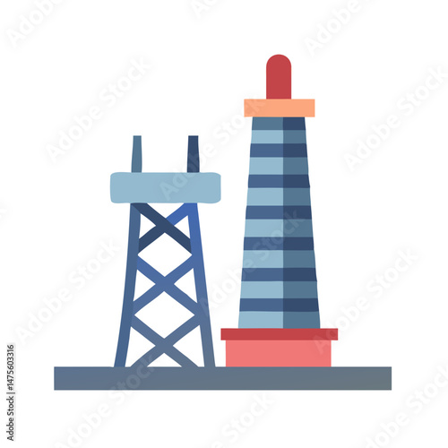 Illustration of industrial tower and electricity pylon on black