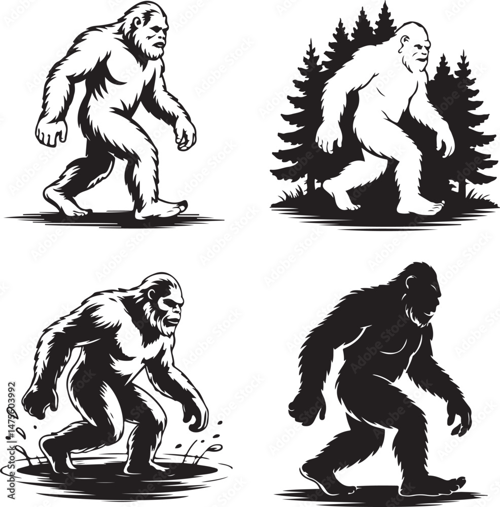 Fototapeta premium Bigfoot Walking Through Forest SilhouetteLegend of the Sasquatch Vector SceneMysterious Bigfoot Shadow in TreesCryptid in the Wilderness Silhouette ArtBigfoot Sighting Silhouette Design