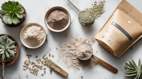 Natural Supplements, Powders, and Capsules Displayed