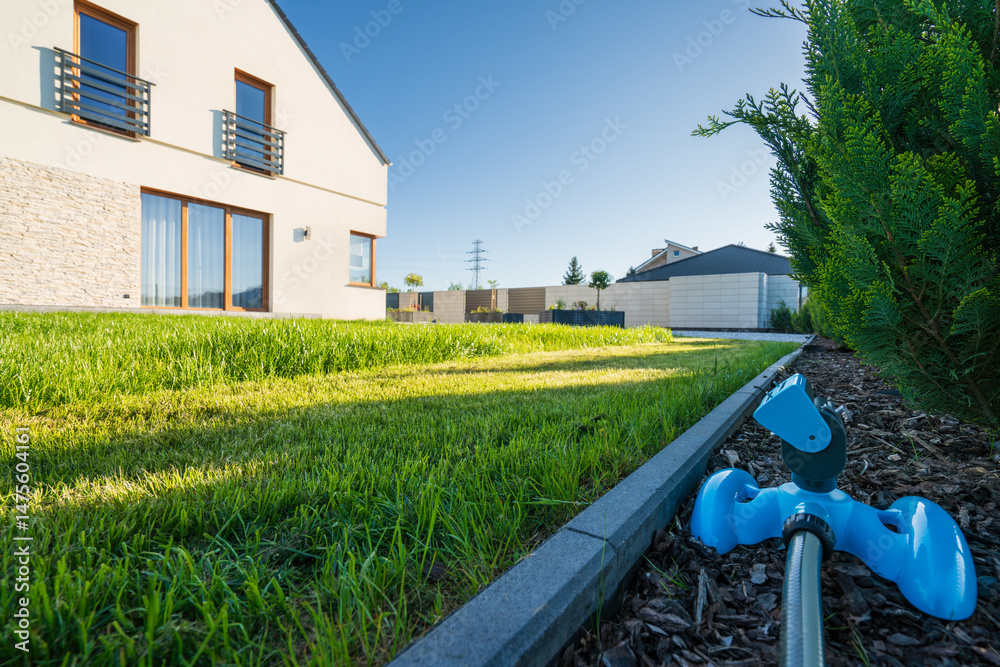 Grass swing sprinkler watering the lawn in the backyard of a house