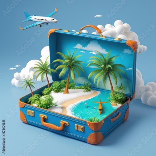 Open suitcase reveals miniature tropical island paradise.
