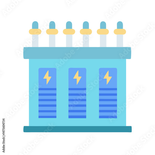 Cute flat cartoon electricity transformer station with light blue