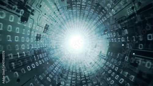 Digital tunnel with binary code and circuit board patterns leading to a bright light source