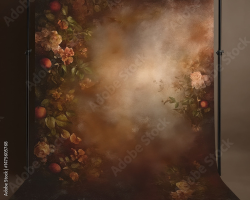 Brown studio background with floral borders. Canvas background on the wall and on the floor with a soft transition.