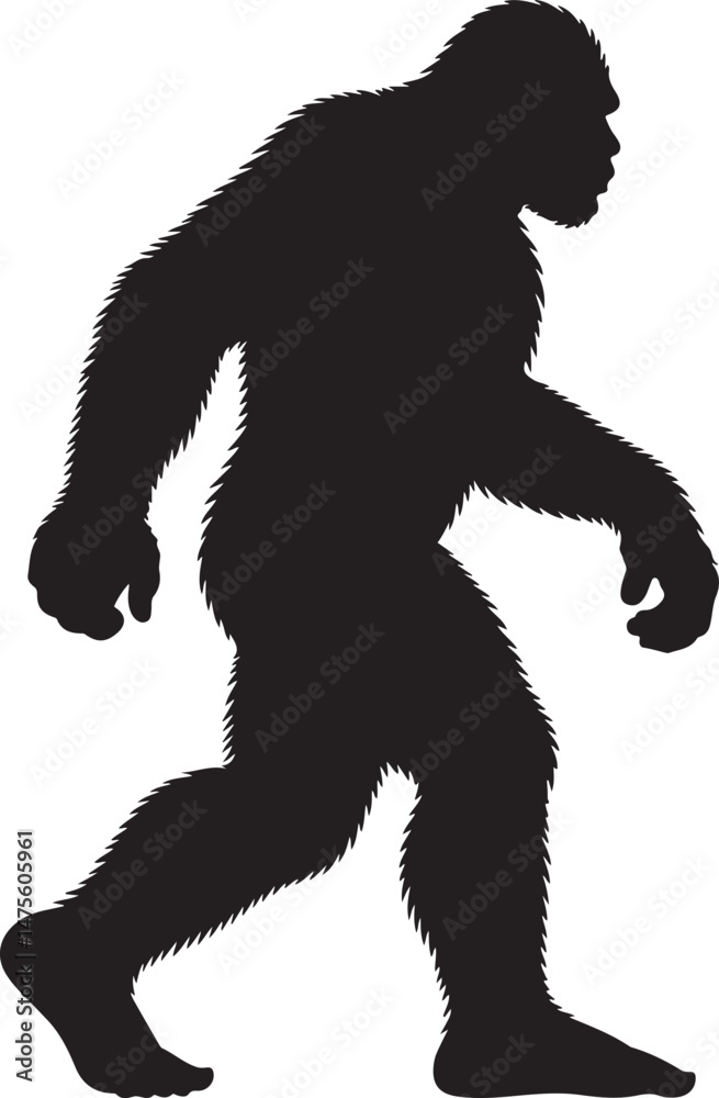 Fototapeta premium Bigfoot Walking Through Forest SilhouetteLegend of the Sasquatch Vector SceneMysterious Bigfoot Shadow in TreesCryptid in the Wilderness Silhouette ArtBigfoot Sighting Silhouette Design