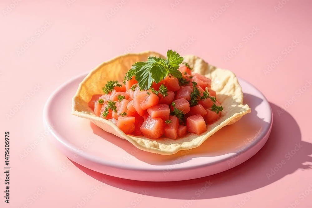 Tempting Ceviche on Soft Pink Background: Clean Food Photography with Moody Low Key Radiance and Spacious Layout Tempting Ceviche on Soft Pink Background: Clean Food Photography with Moody Low Key Radiance and Spacious Layout