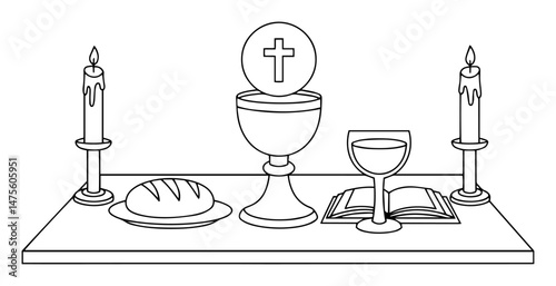 first communion altar elements in outline black and white vector style