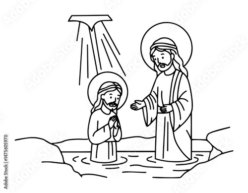 baptism of jesus in jordan river - outline black and white vector illustration