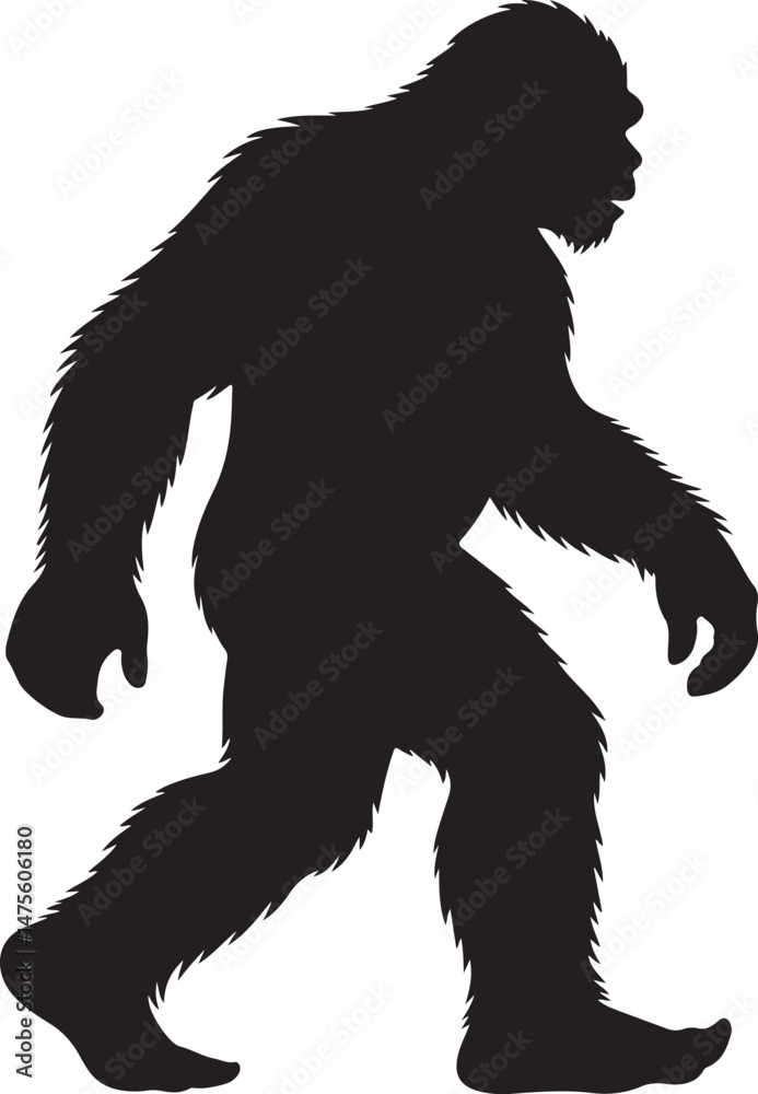Fototapeta premium Bigfoot Walking Through Forest SilhouetteLegend of the Sasquatch Vector SceneMysterious Bigfoot Shadow in TreesCryptid in the Wilderness Silhouette ArtBigfoot Sighting Silhouette Design
