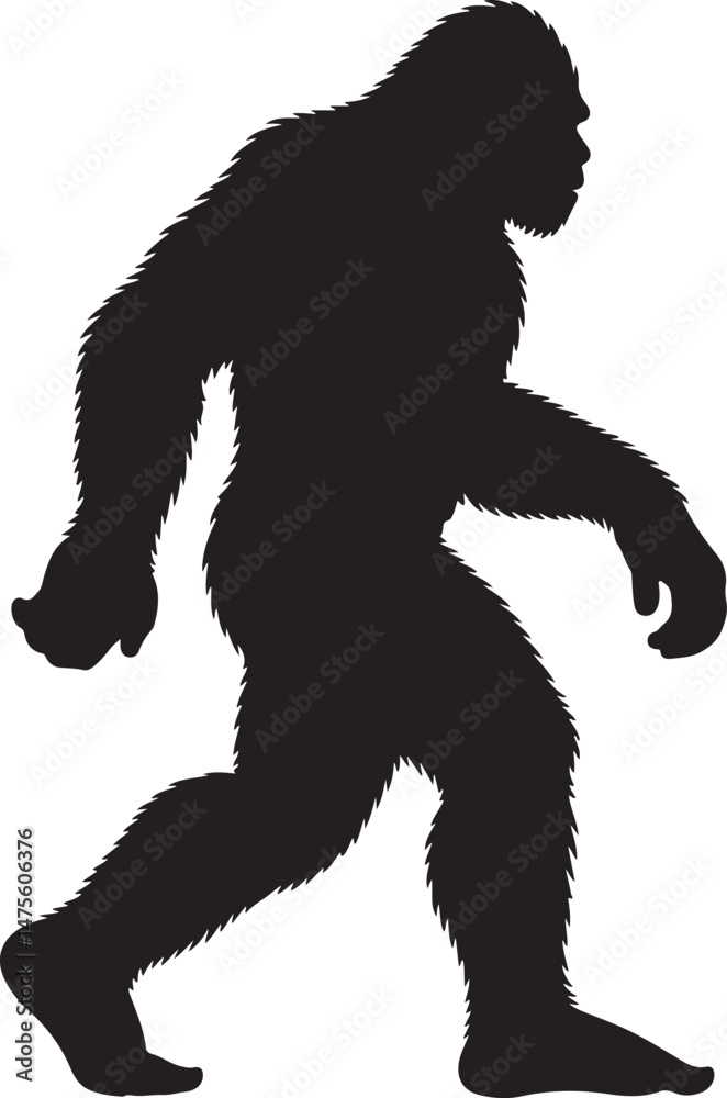 Fototapeta premium Bigfoot Walking Through Forest SilhouetteLegend of the Sasquatch Vector SceneMysterious Bigfoot Shadow in TreesCryptid in the Wilderness Silhouette ArtBigfoot Sighting Silhouette Design