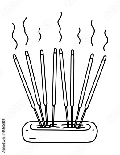 incense sticks with smoke in holder vector outline drawing