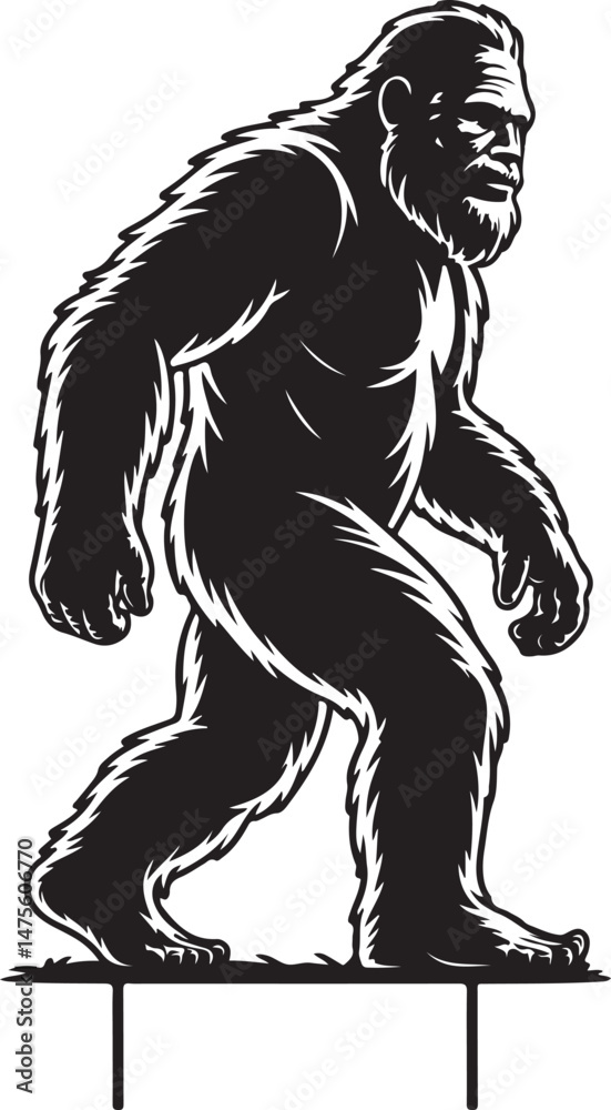 Fototapeta premium Bigfoot Walking Through Forest SilhouetteLegend of the Sasquatch Vector SceneMysterious Bigfoot Shadow in TreesCryptid in the Wilderness Silhouette ArtBigfoot Sighting Silhouette Design