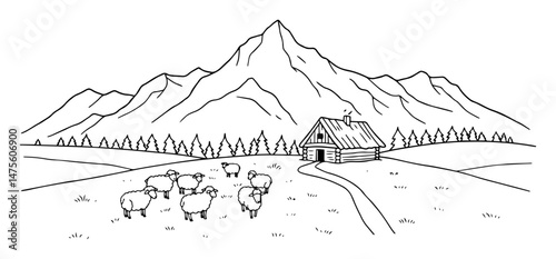 mountain landscape with hut sheep and forest vector illustration
