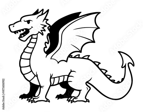 angry dragon roaring with wings vector outline drawing