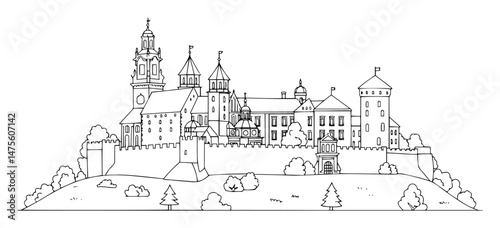 wawel castle in krakow architectural vector outline illustration