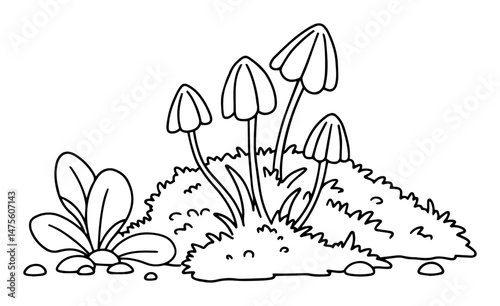 forest mushrooms growing on moss vector outline illustration