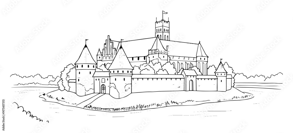 Obraz premium malbork castle architectural landmark vector outline
