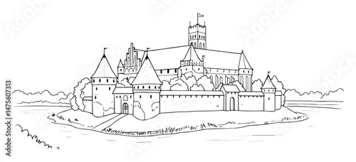 malbork castle architectural landmark vector outline
