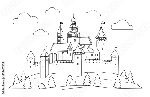 medieval fantasy castle with towers and walls vector outline