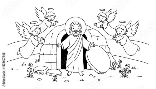 resurrected jesus with angels at the tomb vector outline