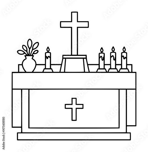 church altar outline vector illustration – christian worship symbol in black and white