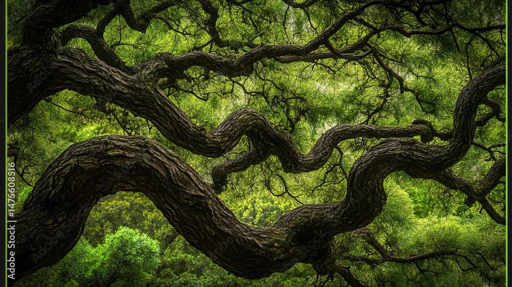 Naklejka premium Majestic ancient tree branches lush green canopy nature photography old art bark leaf dark flora