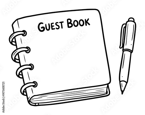 guest book with pen outline vector illustration – wedding or event symbol in black and white