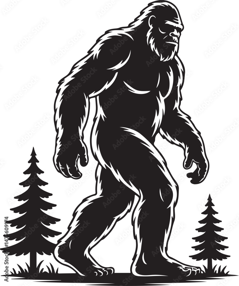 Obraz premium Bigfoot Walking Through Forest SilhouetteLegend of the Sasquatch Vector SceneMysterious Bigfoot Shadow in TreesCryptid in the Wilderness Silhouette ArtBigfoot Sighting Silhouette Design