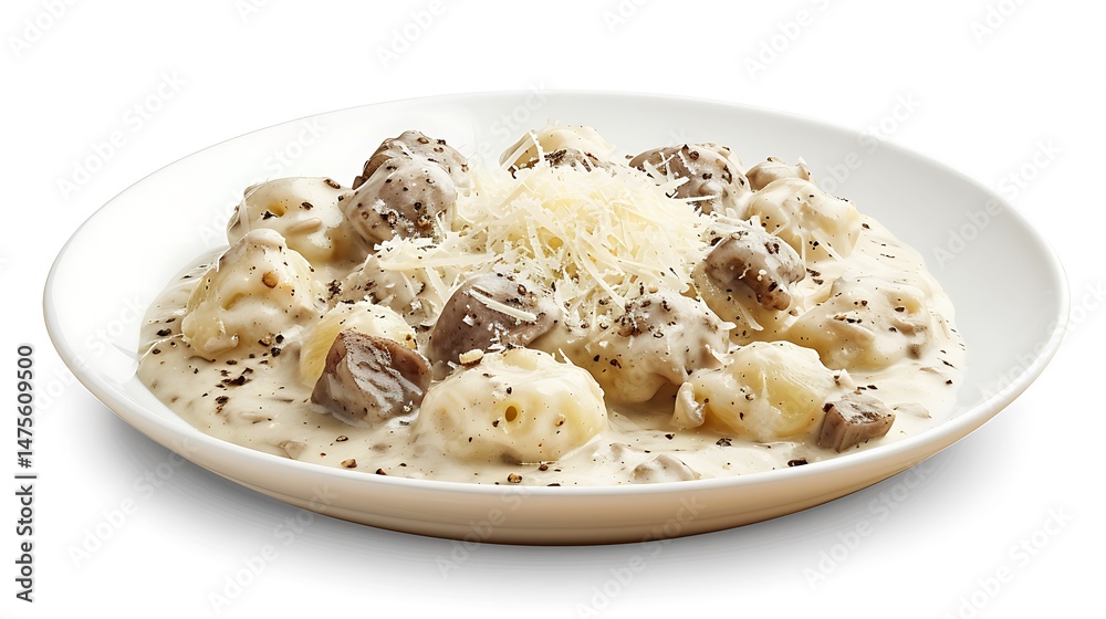 Gnocchi with white truffle cream sauce and grated parmesan, arranged artfully on a white plate. Gnocchi with white truffle cream sauce and grated parmesan, arranged artfully on a white plate.