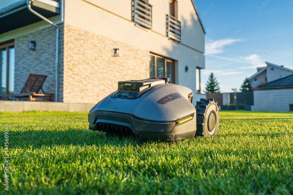 Robotic lawn mower cutting the grass