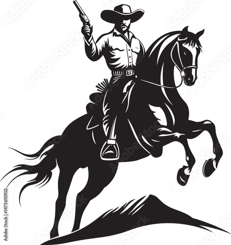 Vintage Cowboy Vector of Man Riding Horse with Pistol Raised in Action Pose