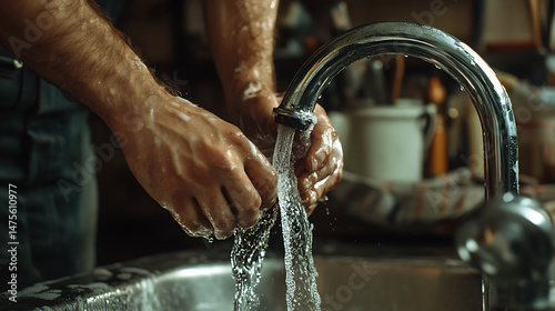 Man Washing Hands Under Running Water