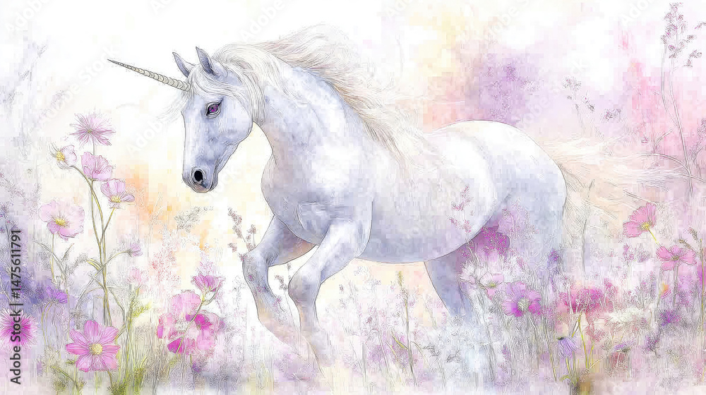 Fototapeta premium White unicorn in pastel flower field