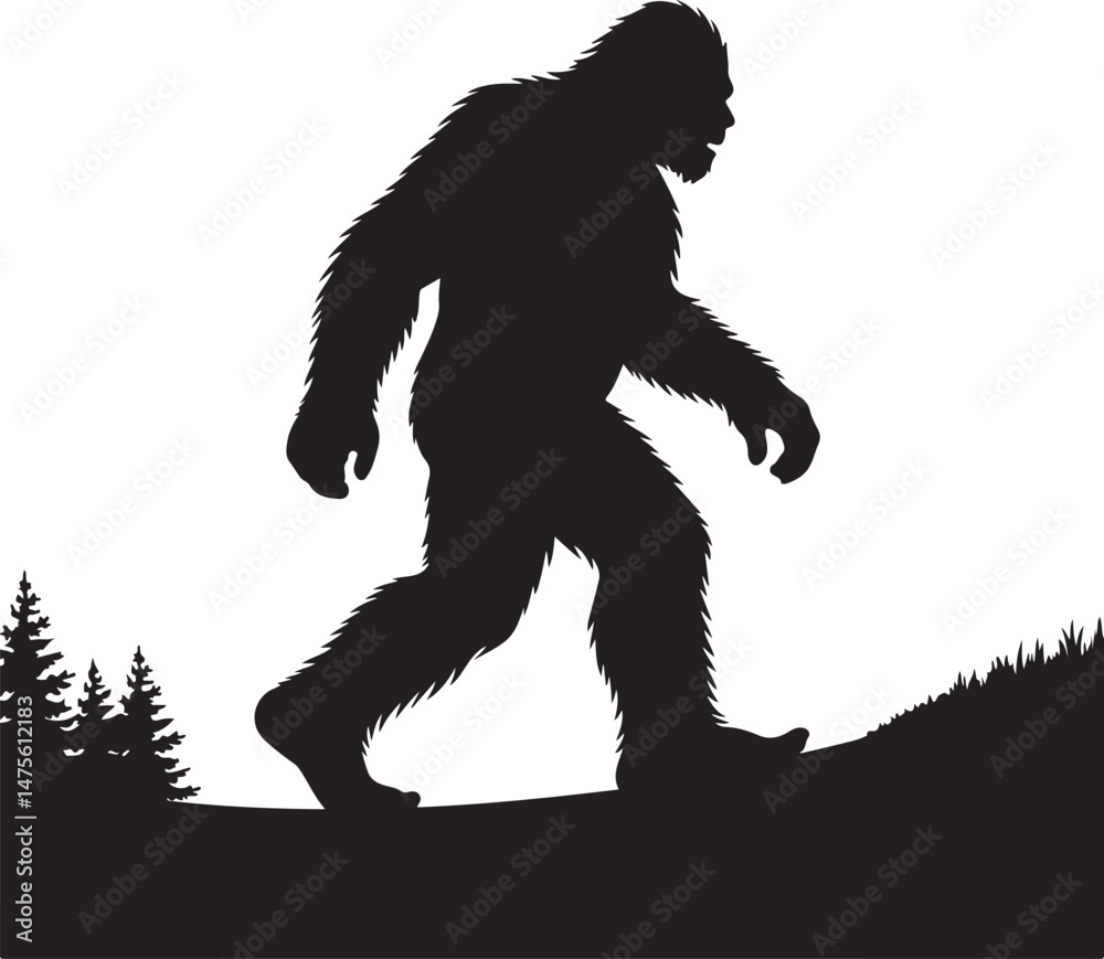 Obraz premium Bigfoot Walking Through the Forest SilhouetteMysterious Sasquatch in the Shadows VectorLegendary Bigfoot in Mountain Fog SilhouetteCryptid Creature Footprint Trail Vector ArtBigfoot Sighting i