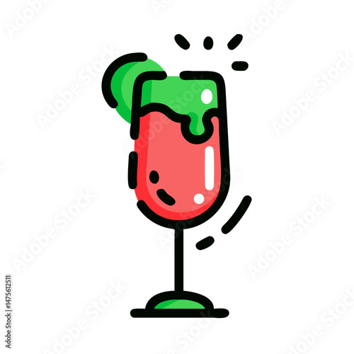 Festive champagne glass with red drink and green garnish on a white background celebrating Christmas