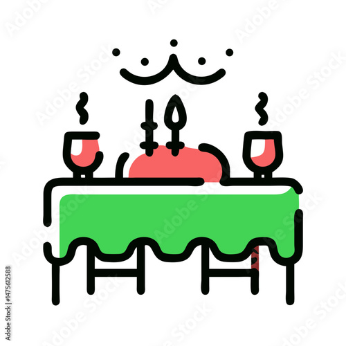 Colorful festive dinner table setting with a green tablecloth and dishes on a white background celebrating holiday feasts