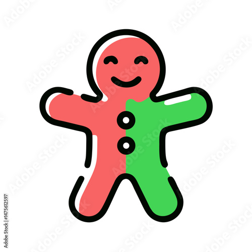 Colorful gingerbread man cookie with red and green decorations on a white background celebrating festive treats