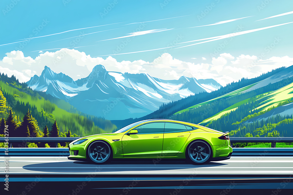 Naklejka premium Bright green electric car cruising along a scenic mountain highway with lush forests and clear skies