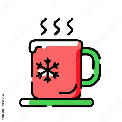 Colorful warm mug with a snowflake design in red and green on a white background representing cozy winter drinks