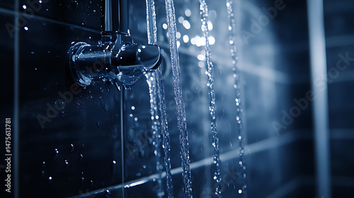 Water Flowing from a Shower Head in a Dark Tiled Bathroom