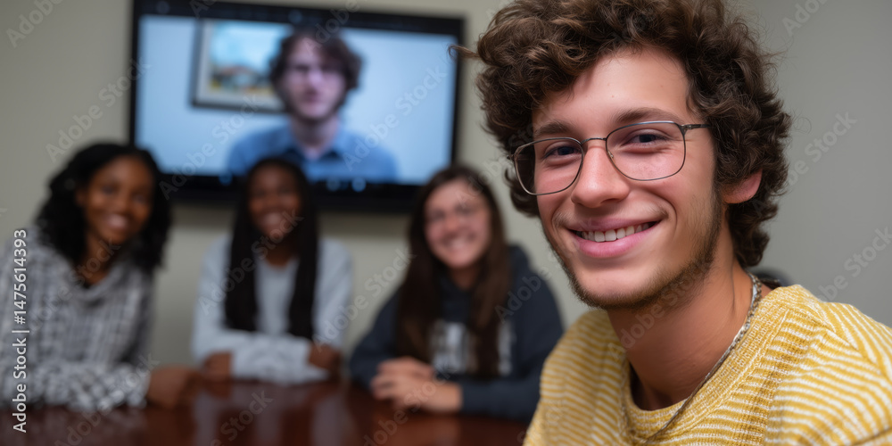 Obraz premium Young caucasian male smiling in conference room with diverse group and video call in background