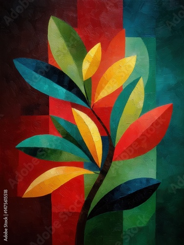 Chromatic Botanical Composition: A vibrant and artistic display of a singular plant with multicolored leaves against a geometric, abstract backdrop of deep reds, greens, and blues.