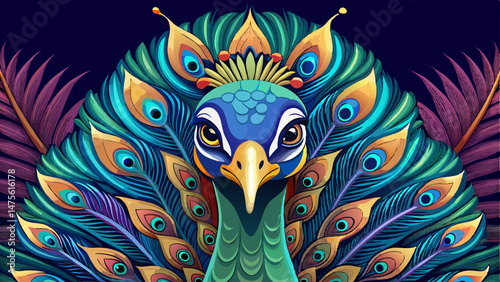 Peacock is displaying vibrant feathers against dark background, showcasing the iridescent patterns of the plumage.