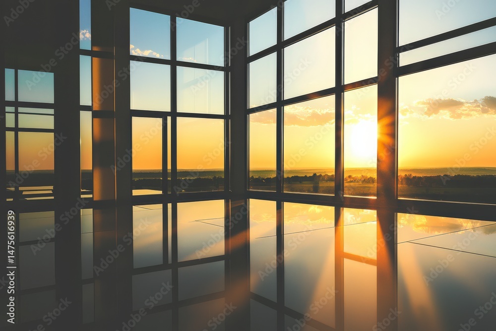 Fototapeta premium Modern Glass House with Infinity Pool at Sunset in the Mountains